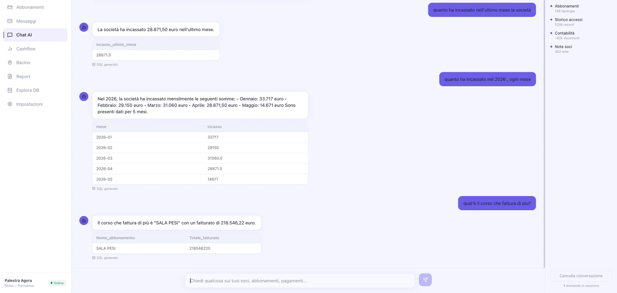 Chat AI che risponde con numeri, tabelle e SQL generato sui dati della palestra