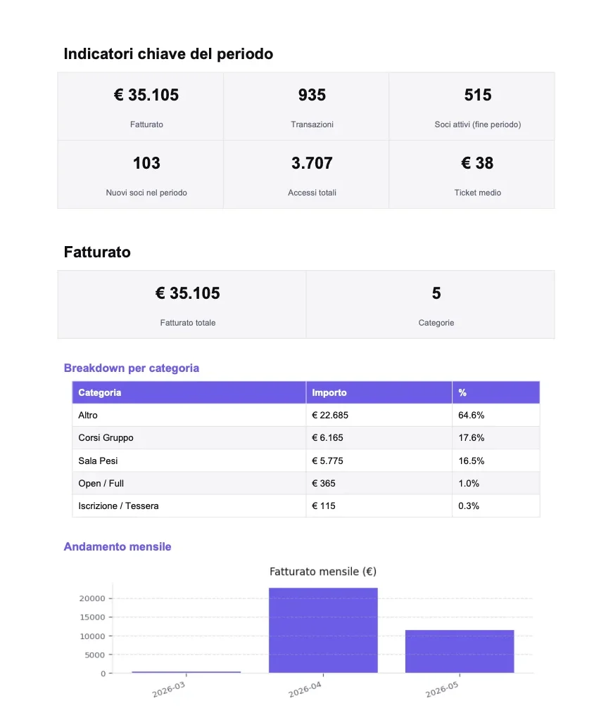 Esempio di report PDF: KPI e cashflow