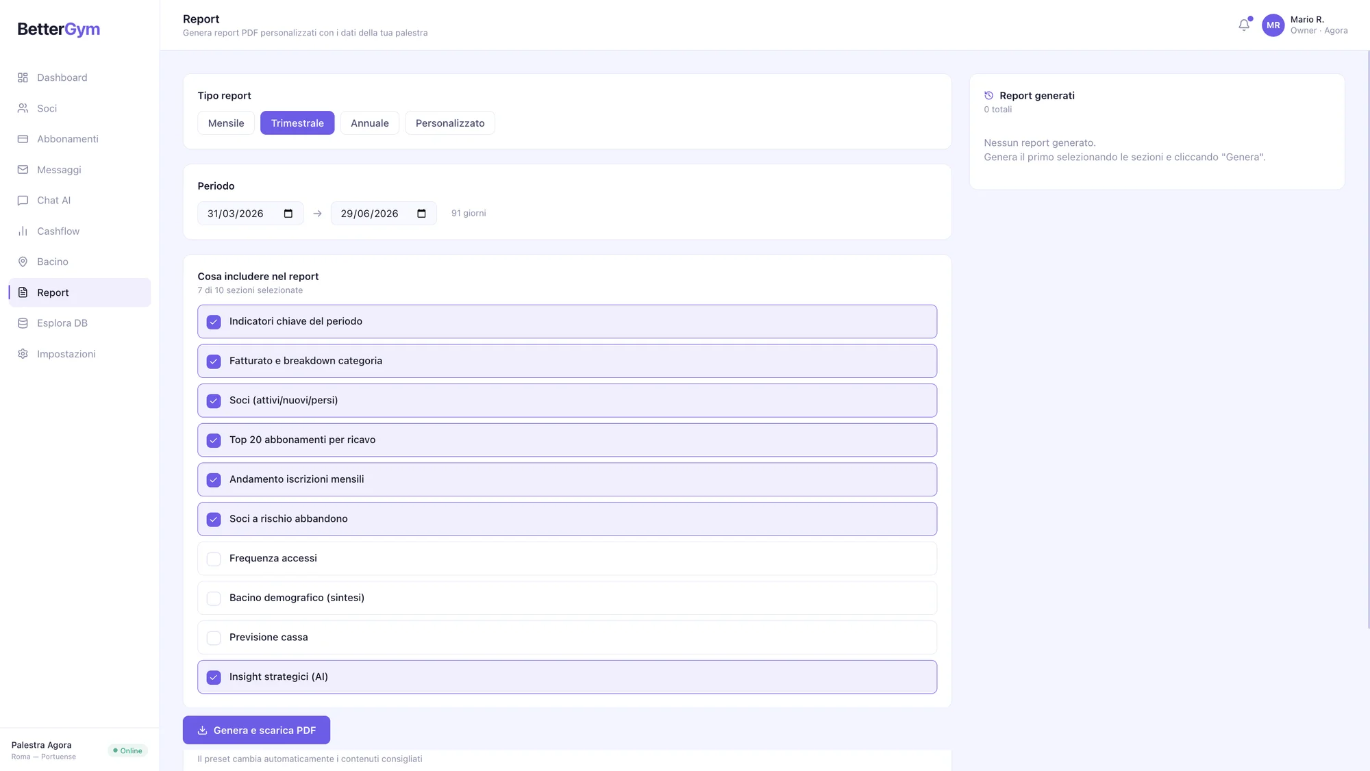 Configuratore report: tipo, periodo e sezioni da includere nel PDF