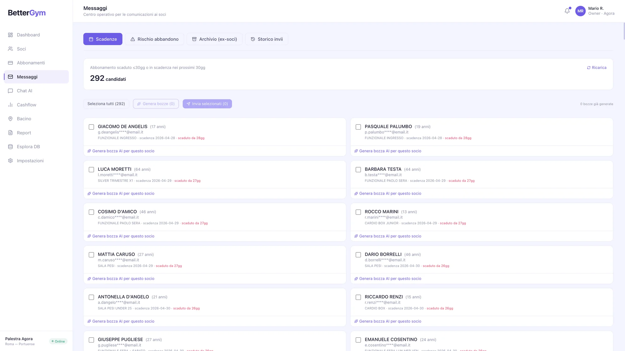 Centro messaggi: soci con abbonamento in scadenza, pronti per una bozza email AI
